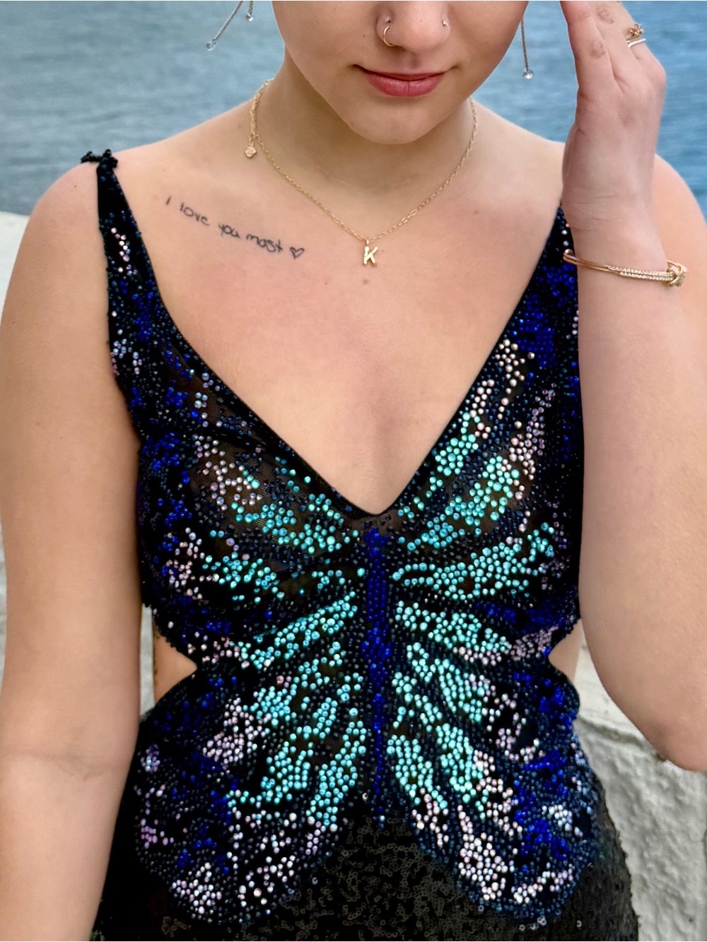 Sherri Hill Black Sequin Butterfly V-Neck Prom Dress in Blue and Teal